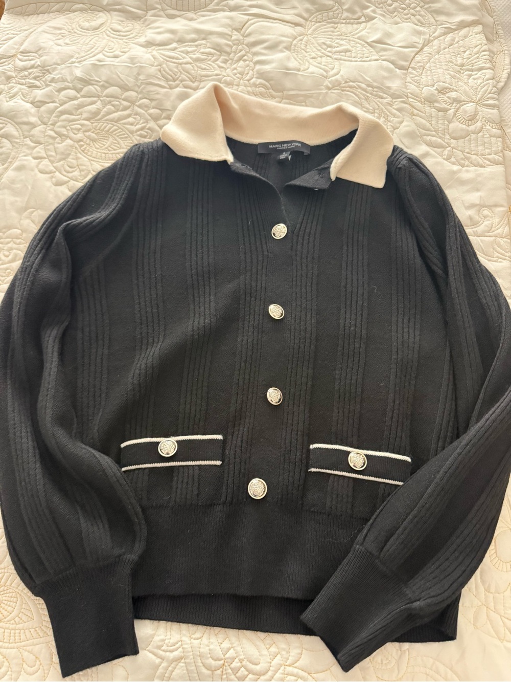 Marc NY Black Knit Cardigan with Cream Collar - Classic Women’s Sweater